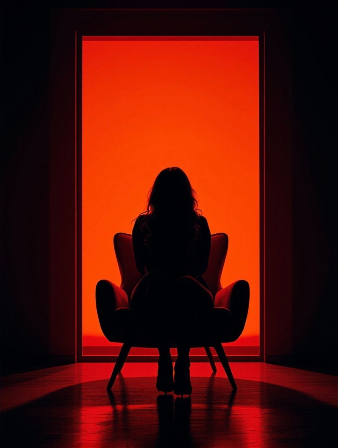 Angela, silhouetted against a red-lit window